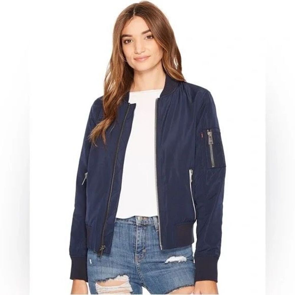 Levi's Iconic Bomber Flight Jacket Water Resistant Nylon Zips Navy Small